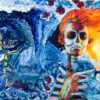 an Abstract skeleton painting with blue background