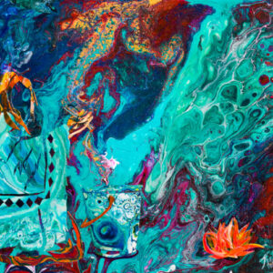 a colorful abstract painting with a flower